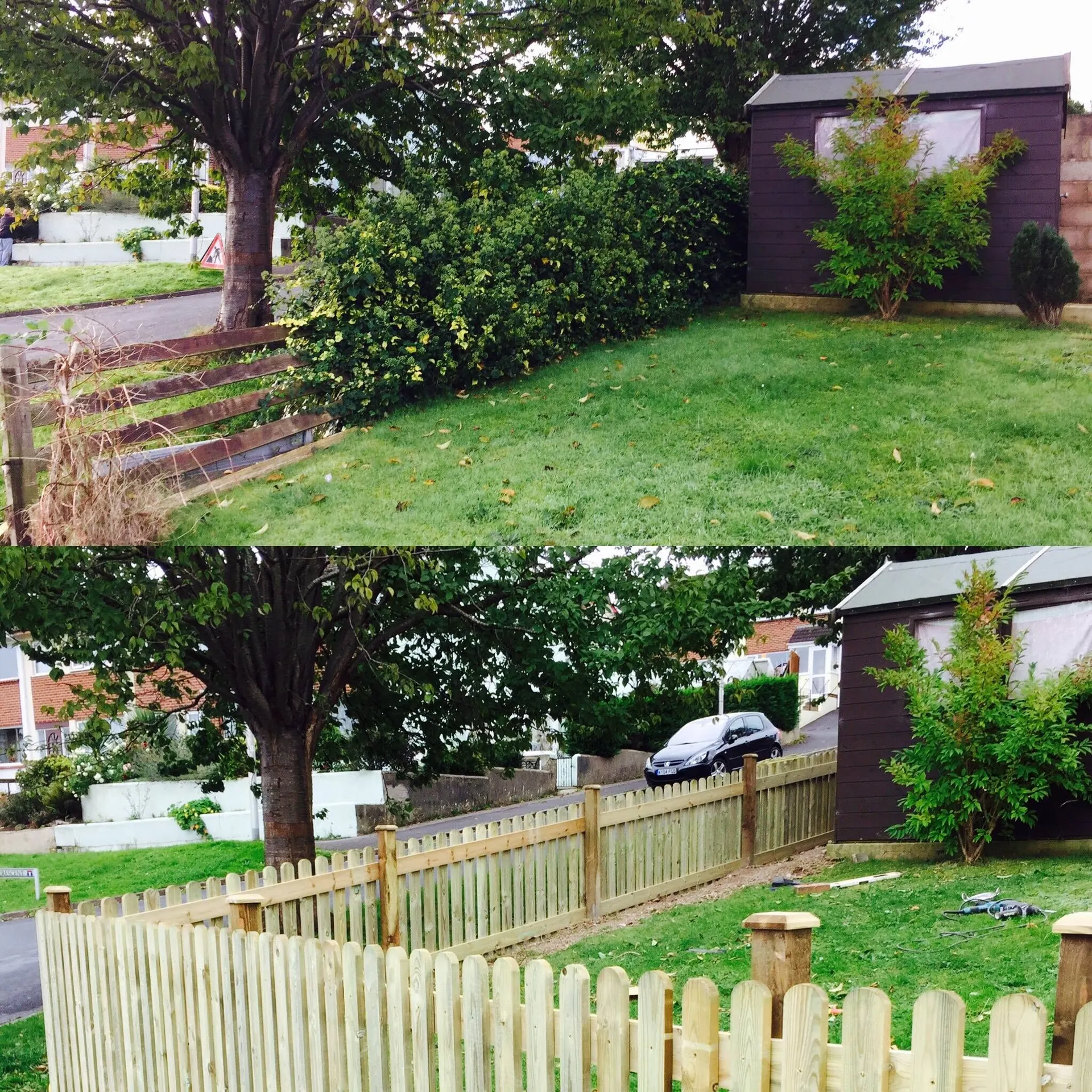 Before and after a picket fence replacement in Newton Abbot